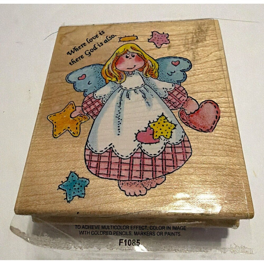 Where Love Is Angel Wood Mounted Rubber Stamp on Wood Block F1085